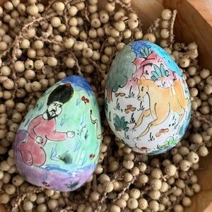 (2) Hand-Painted Decorative Egg Set with Animal Scenes - Pastel Greens & Blues